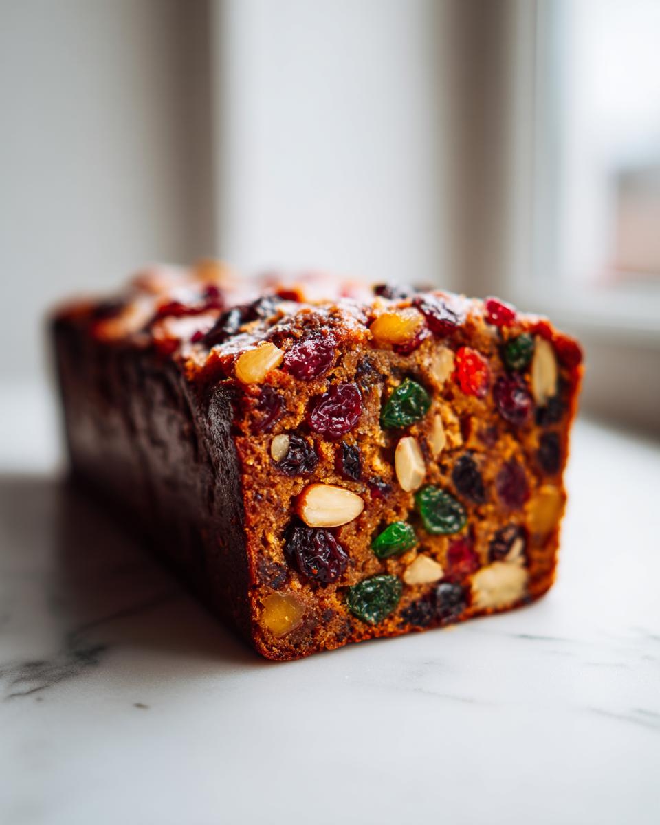 Close-up of a richly baked fruit cake recipe loaf, studded with colorful dried fruits and nuts.