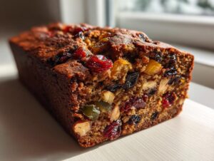 Close-up of a freshly baked, moist fruit cake recipe loaf packed with colorful dried fruits and nuts.