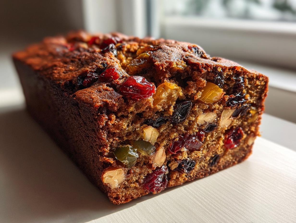 Close-up of a freshly baked, moist fruit cake recipe loaf packed with colorful dried fruits and nuts.