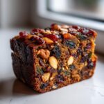 Close-up of a dense slice of fruit cake recipe, packed with dried fruits and nuts.