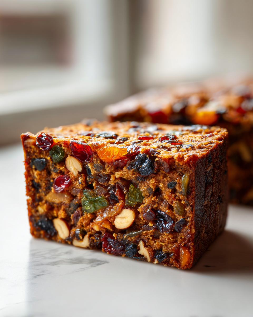 A close-up, cross-section view of a slice from a moist fruit cake recipe, packed with dried fruits and nuts.