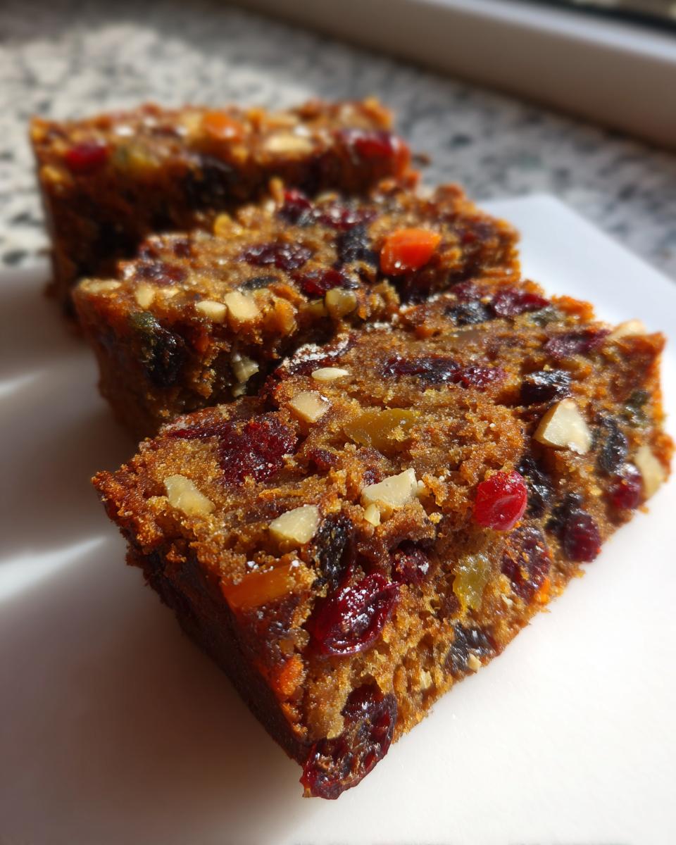 Close-up of three slices of moist fruit cake recipe packed with dried fruits and nuts, sitting on a white surface.