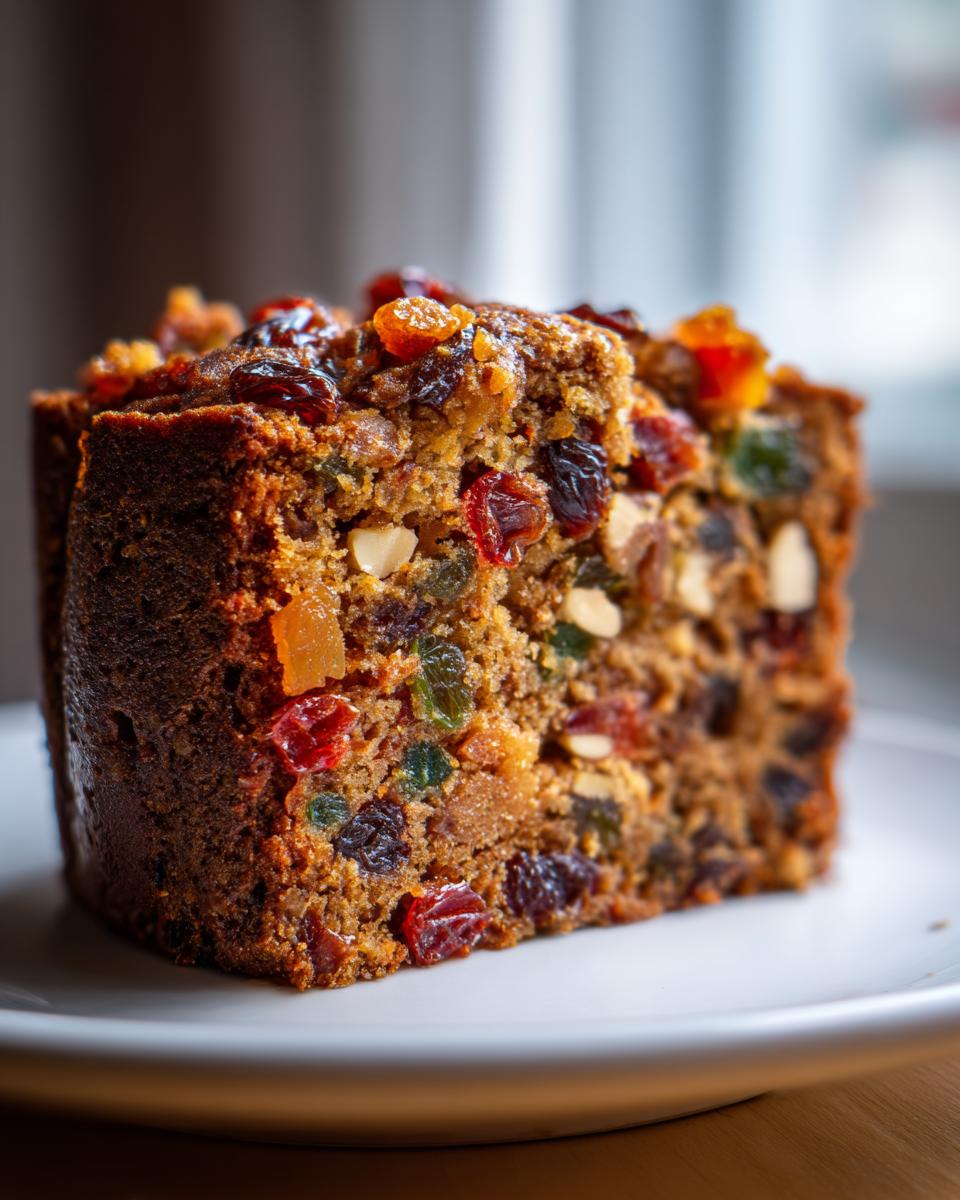 A close-up, cross-section view of a moist fruit cake slice packed with colorful dried fruits and nuts.