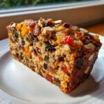 A close-up of a moist slice of fruit cake, rich with colorful candied fruits and nuts, sitting on a white plate.