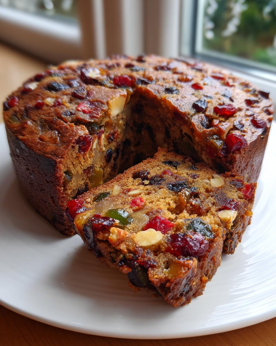 A close-up of a moist fruit cake with a slice cut out, showing candied cherries, nuts, and dried fruits.