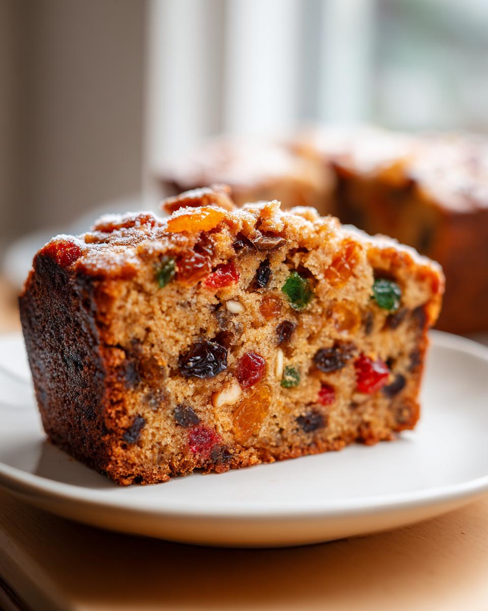 Close-up of a moist slice of fruit cake packed with colorful candied fruits and raisins, dusted with powdered sugar.