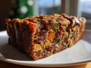 Close-up of a thick slice of moist fruit cake, rich brown in color and packed with dried and candied fruits.