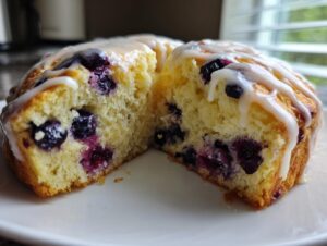 Close-up of a glazed blueberry scone cut in half showing the moist, yellow interior packed with juicy blueberries.