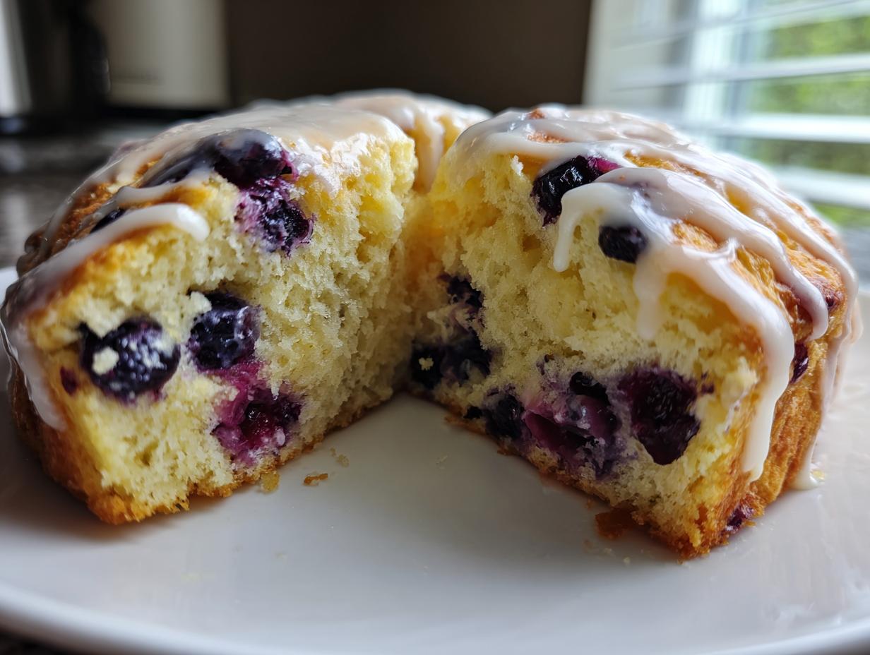 Close-up of a glazed blueberry scone cut in half showing the moist, yellow interior packed with juicy blueberries.