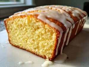 A close-up view of a freshly baked lemon loaf sliced, showing its moist texture and thick white lemon icing dripping down the sides.