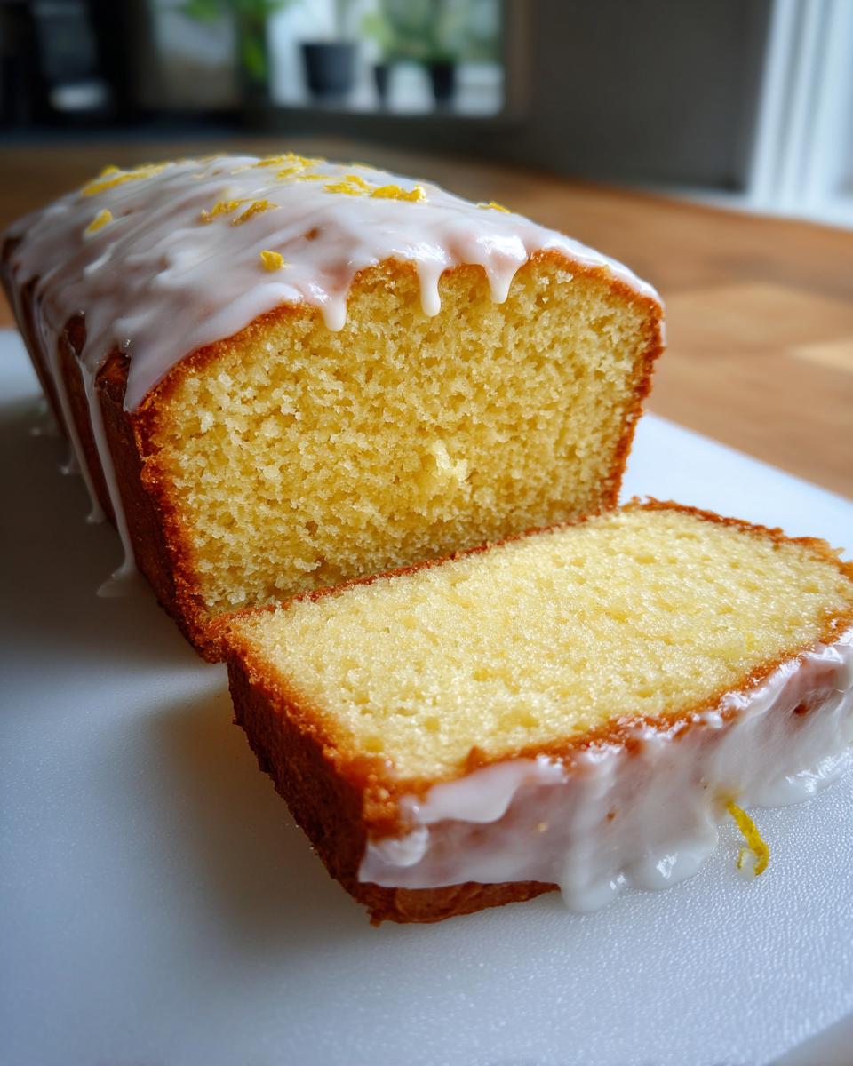 A delicious, moist lemon loaf cake, partially sliced, topped with white glaze and bright yellow lemon zest.