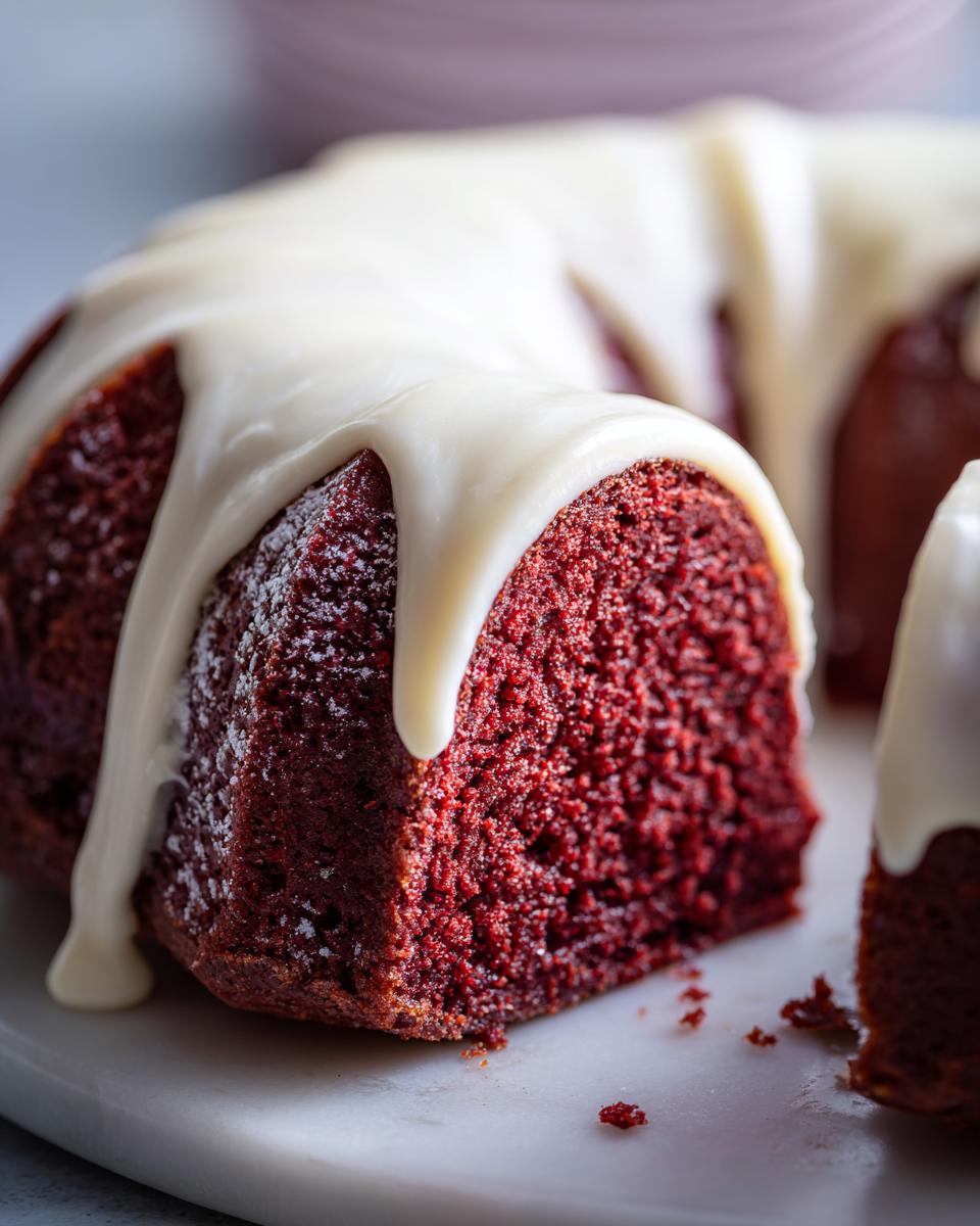 Close-up of a slice of moist red velvet bundt cake topped with dripping white cream cheese glaze.