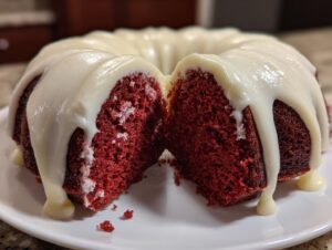 A moist red velvet bundt cake cut in half, showing the deep red interior and thick white cream cheese glaze dripping down the sides.