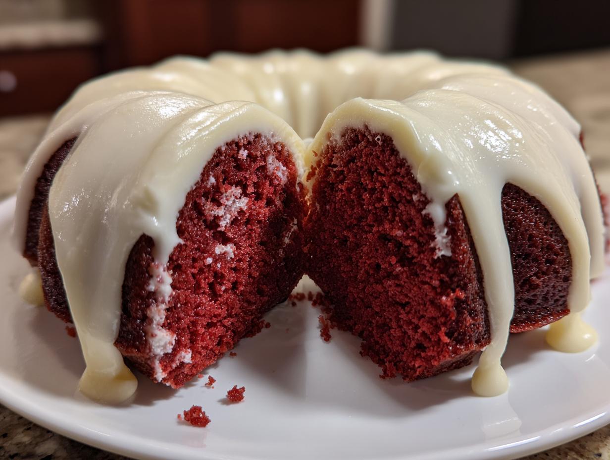 A moist red velvet bundt cake cut in half, showing the deep red interior and thick white cream cheese glaze dripping down the sides.