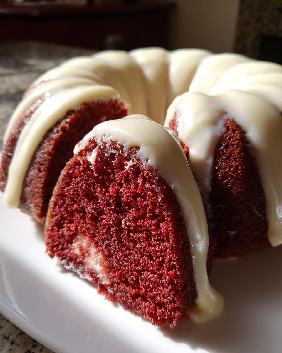 A slice cut from a rich, moist red velvet bundt cake topped with thick white glaze.