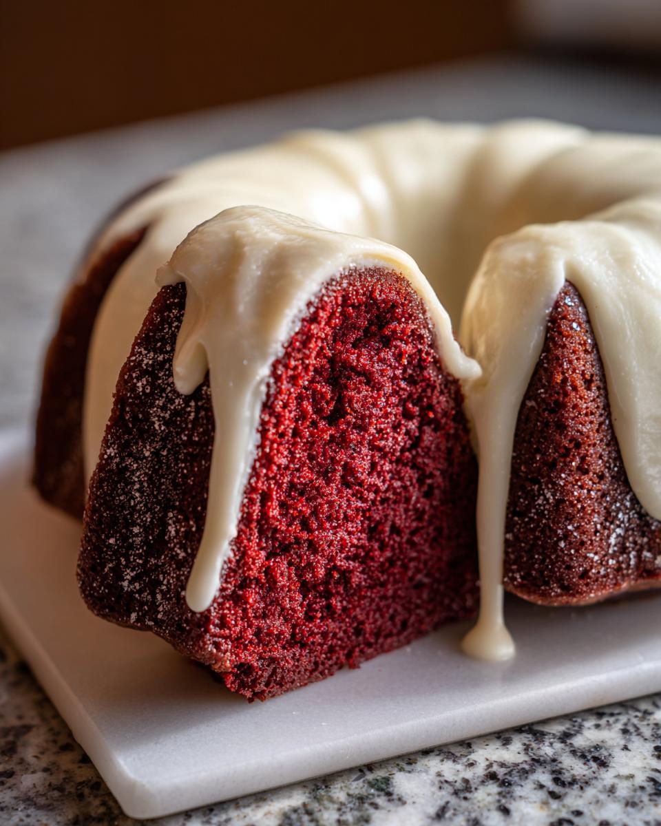 Close-up of a slice cut from a moist red velvet bundt cake topped with thick, dripping cream cheese glaze.
