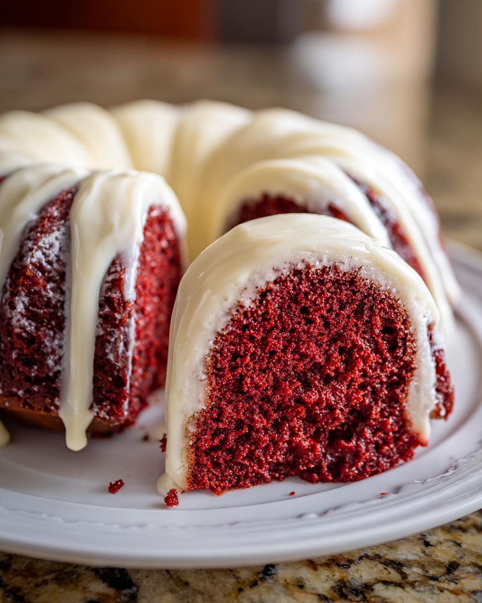 Close-up of a slice cut from a moist red velvet bundt cake drizzled with thick white glaze.