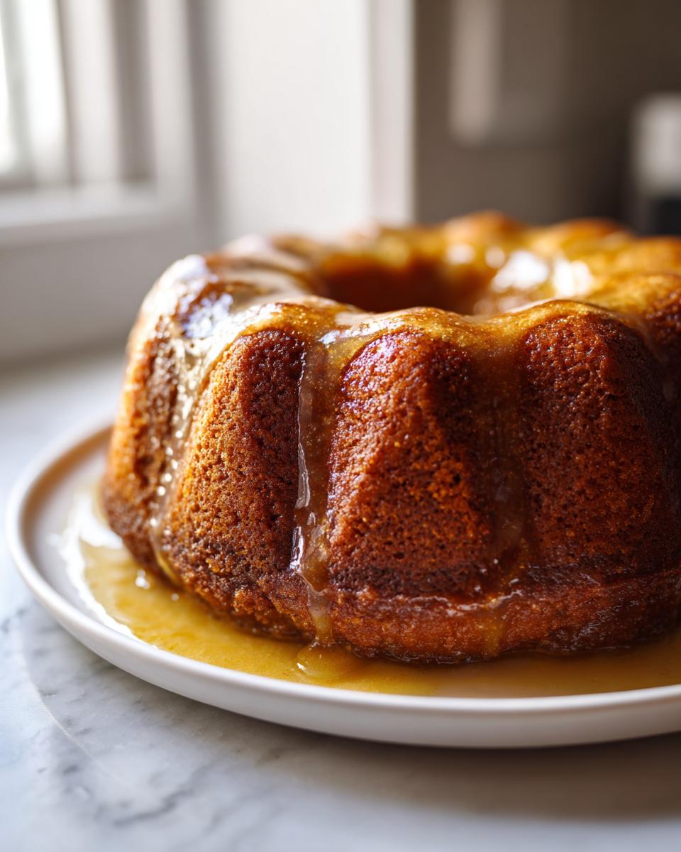 A close-up of a moist rum cake in a bundt shape, heavily drizzled with a rich, amber glaze.