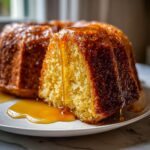 A slice cut from a bundt rum cake recipe, heavily saturated with golden rum glaze dripping down the sides.