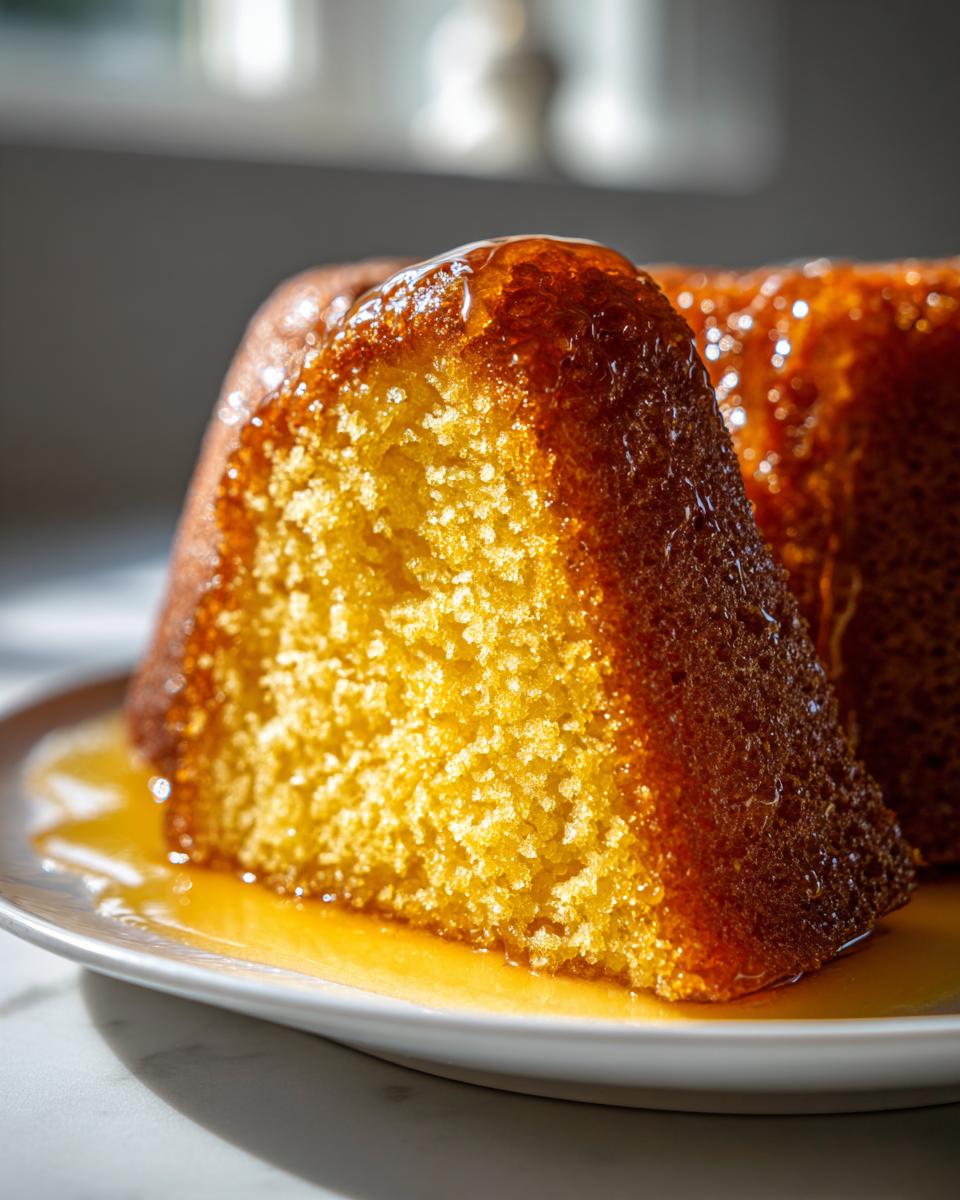 Close-up of a moist slice of rum cake recipe, heavily saturated with a golden rum glaze, sitting on a white plate.