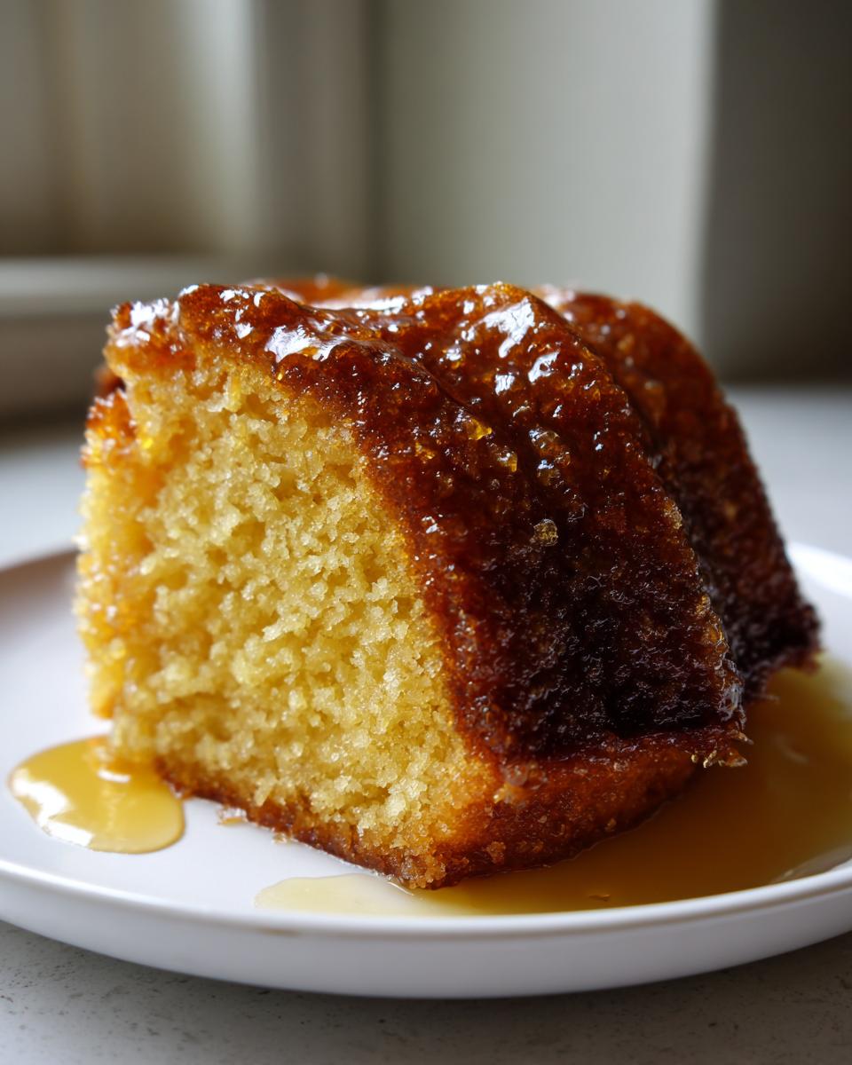 Close-up of a moist slice of rum cake with a thick, shiny, dark rum glaze pooling slightly on the white plate.