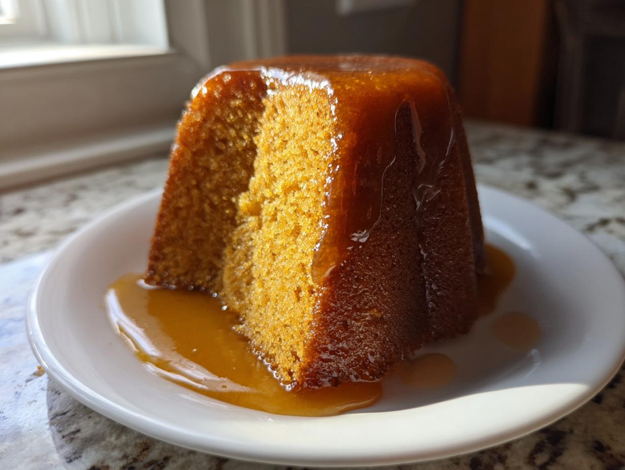 A slice of moist, golden-brown rum cake drenched in a rich, amber glaze, served on a white plate.
