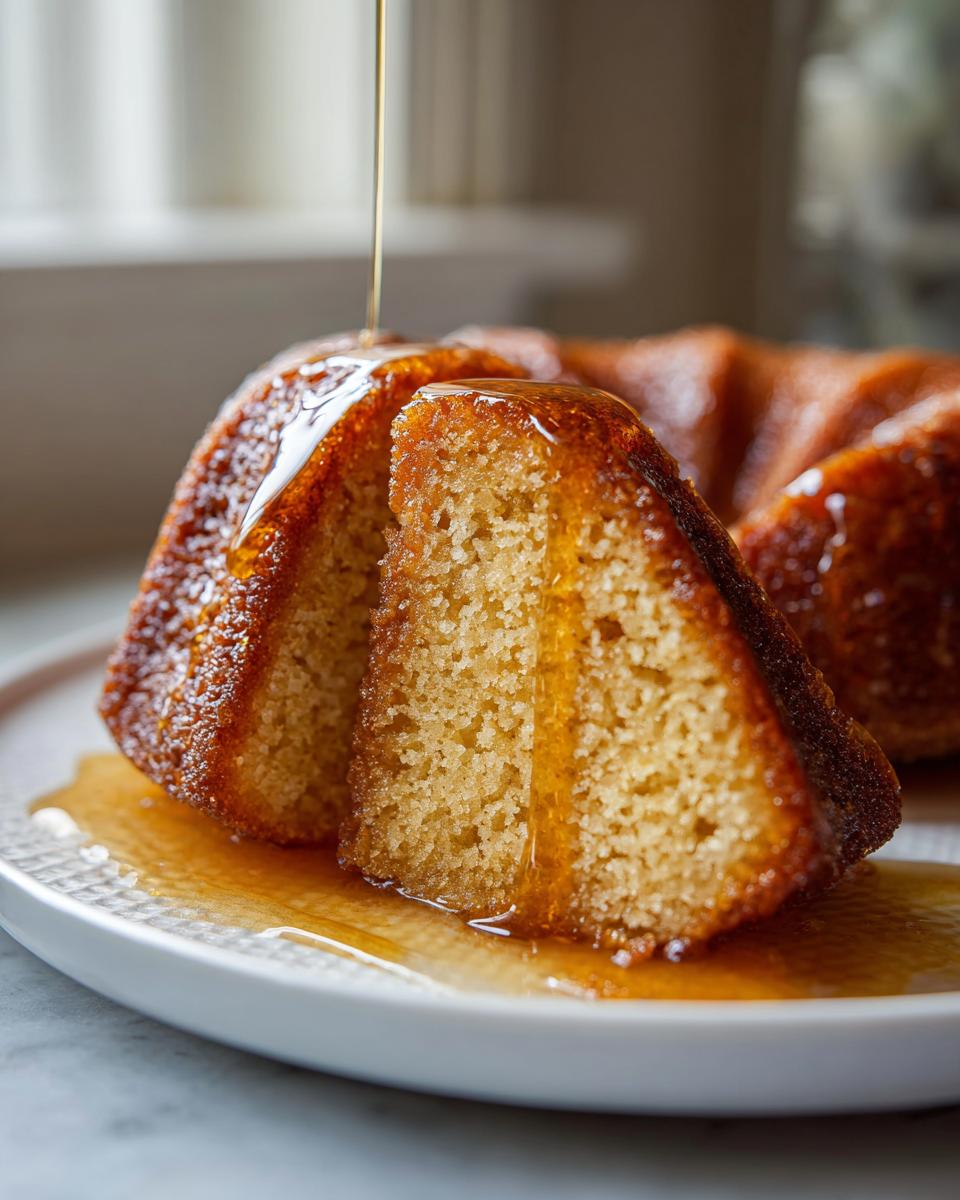 Close-up of a slice cut from a moist rum cake being generously drizzled with a golden syrup.