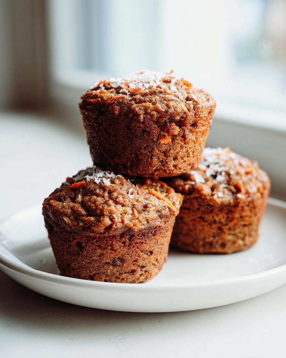 Three freshly baked morning glory muffins stacked on a white plate, topped with shredded coconut.