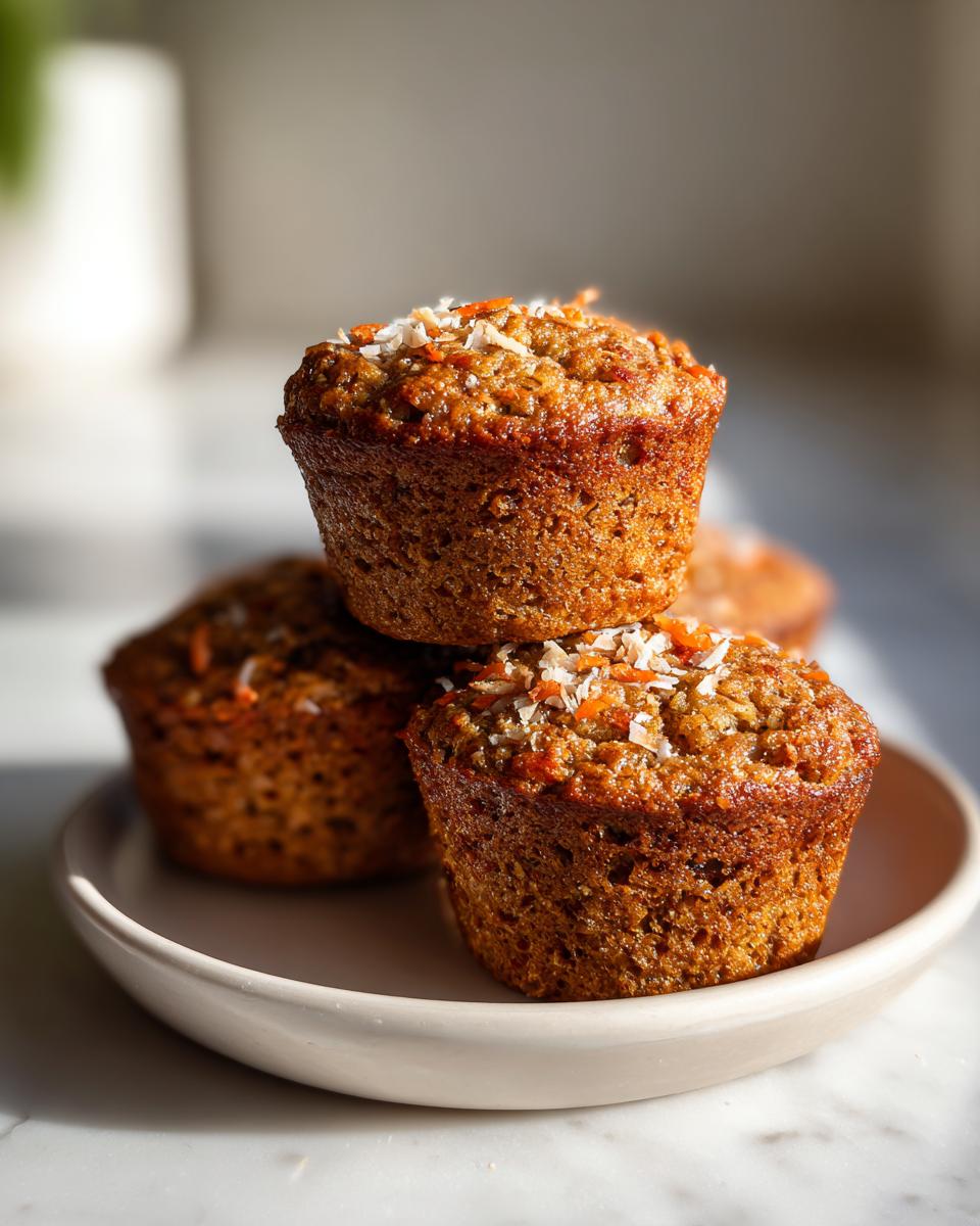Close-up of three golden-brown morning glory muffins stacked on a small plate, topped with shredded coconut and carrot.