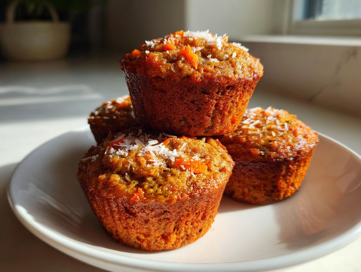 A stack of four golden brown morning glory muffins topped with shredded coconut and visible carrot shreds.
