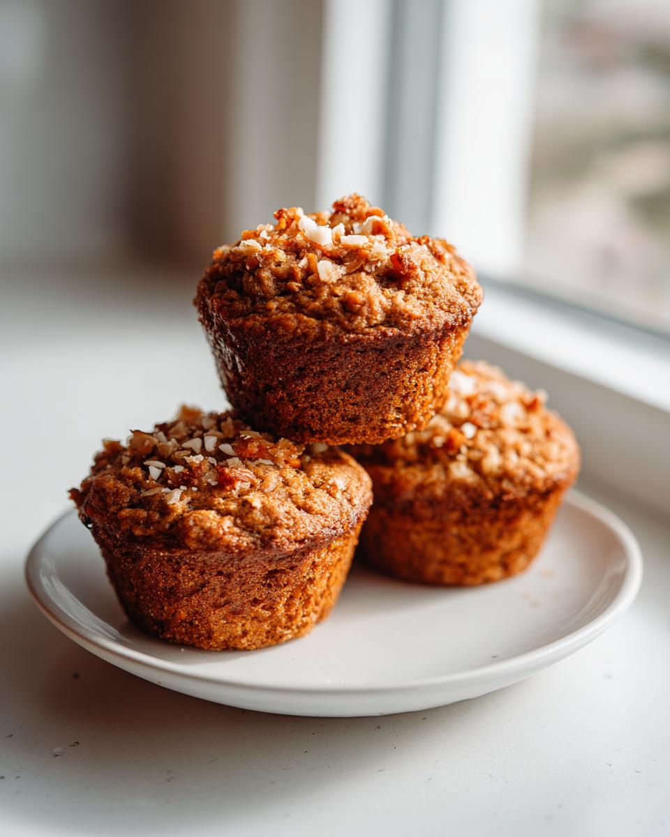 Three freshly baked morning glory muffins stacked on a small white plate near a bright window.