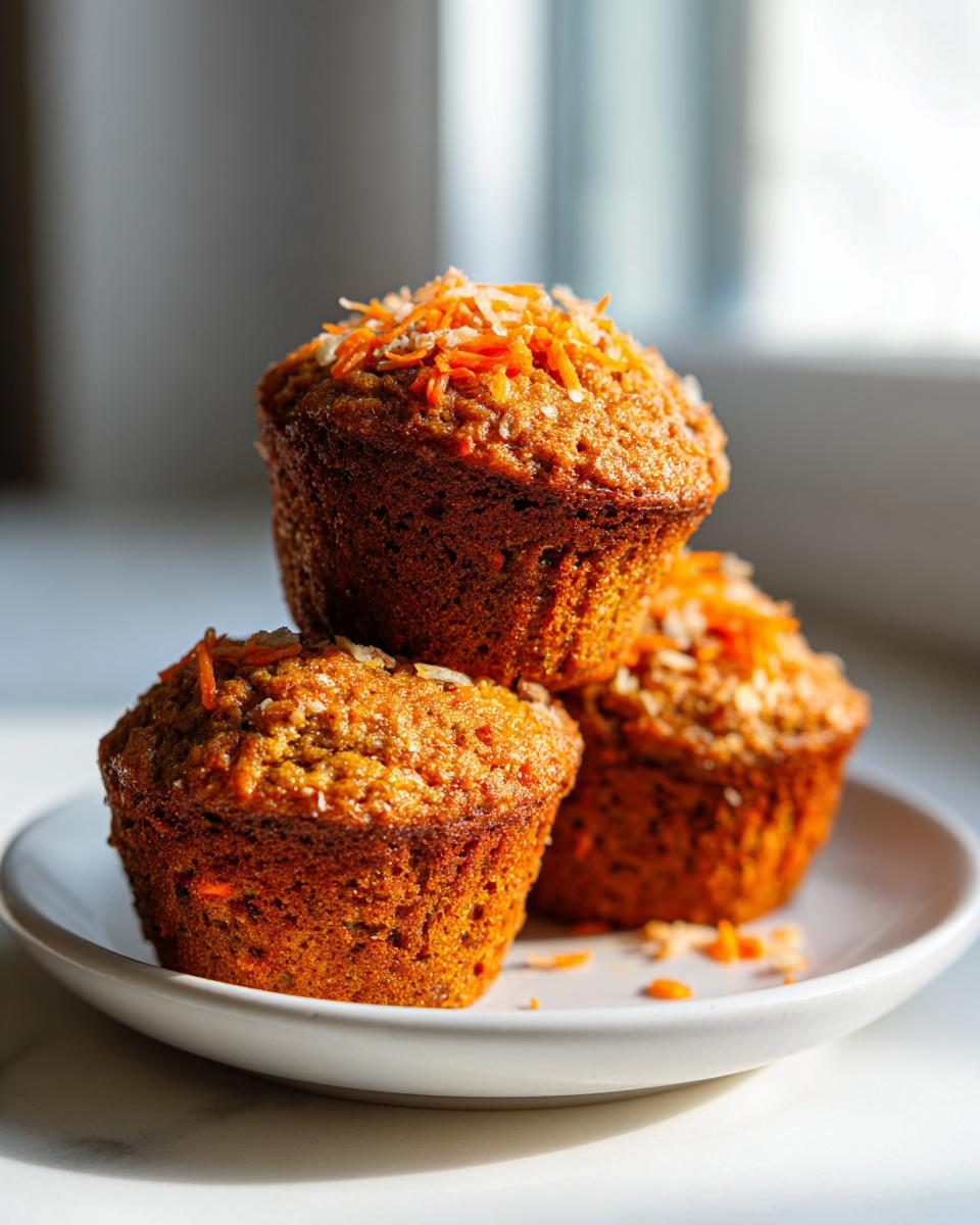Three golden brown morning glory muffins stacked on a white plate, topped with shredded carrots and coconut.