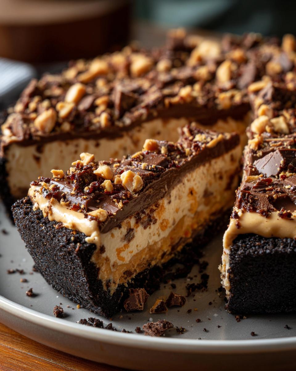 A close-up of a slice of no-bake butterfinger pie showing the dark crust, creamy filling, and chocolate topping with crushed candy pieces.