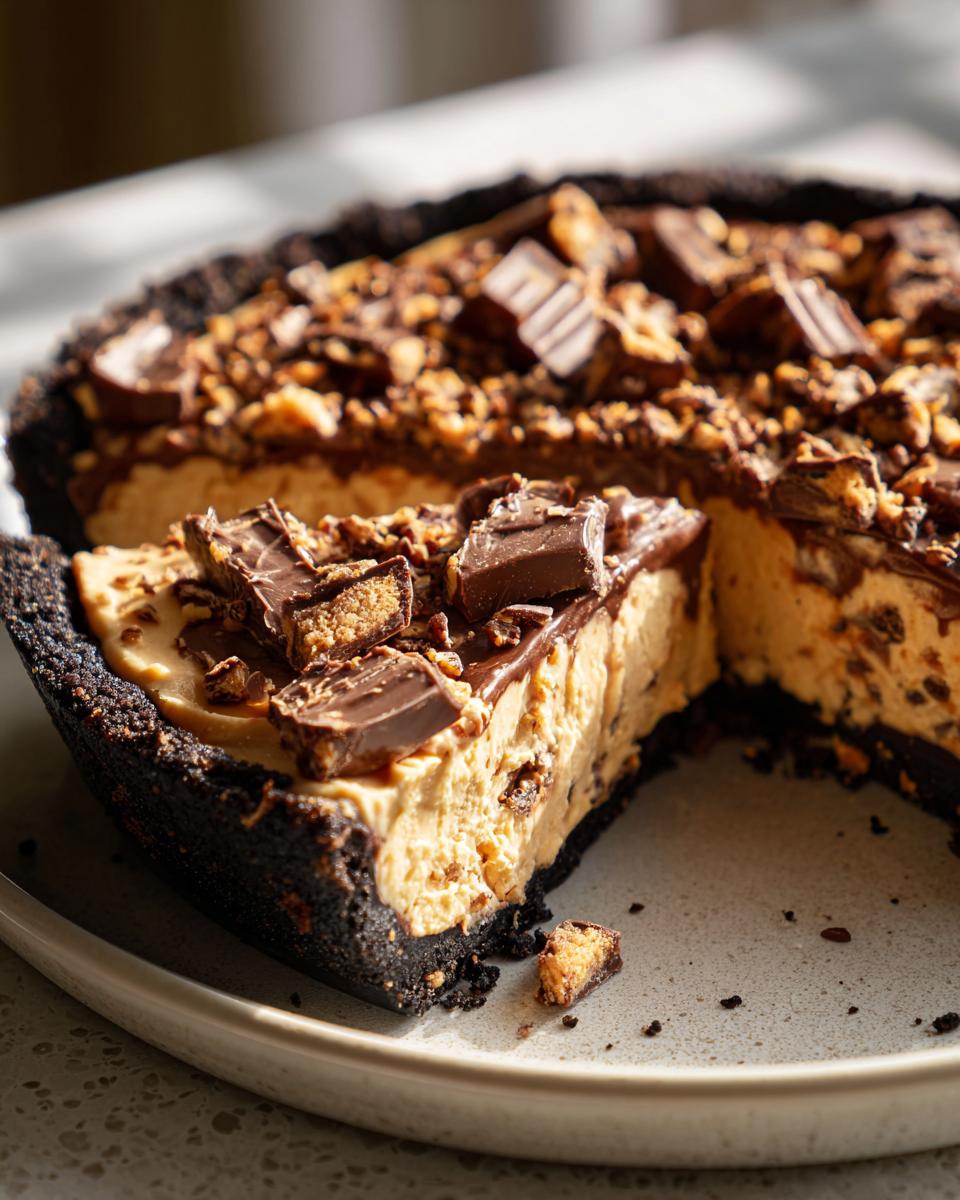 A close-up of a slice of no-bake butterfinger pie showing the creamy filling, dark crust, and candy topping.