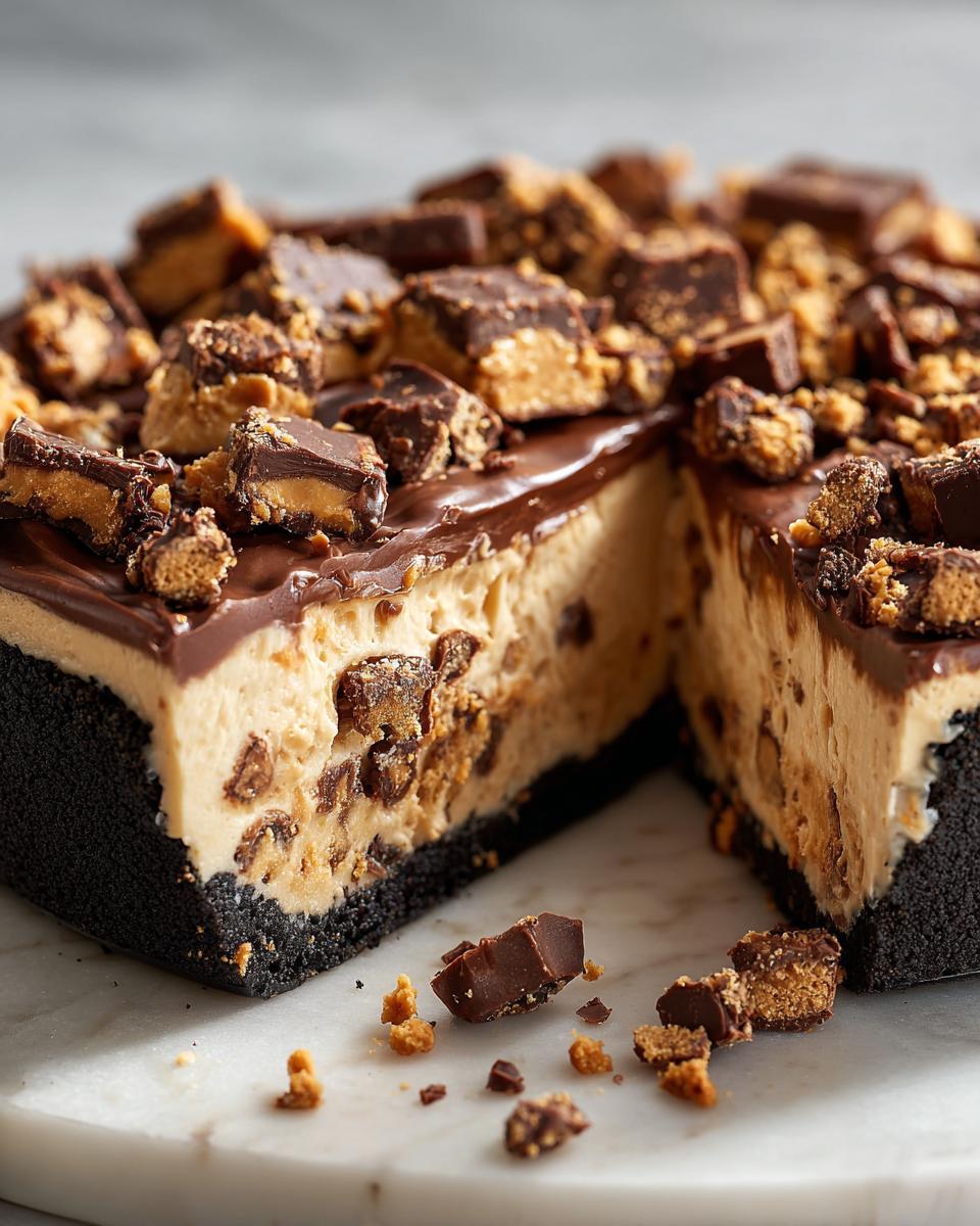 Close-up of a slice cut from a no-bake butterfinger pie, showing the dark crust and peanut butter filling loaded with candy pieces.