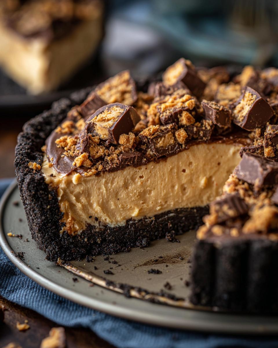 Close-up of a slice removed from a no-bake butterfinger pie, showing the creamy filling and chocolate-cookie crust.