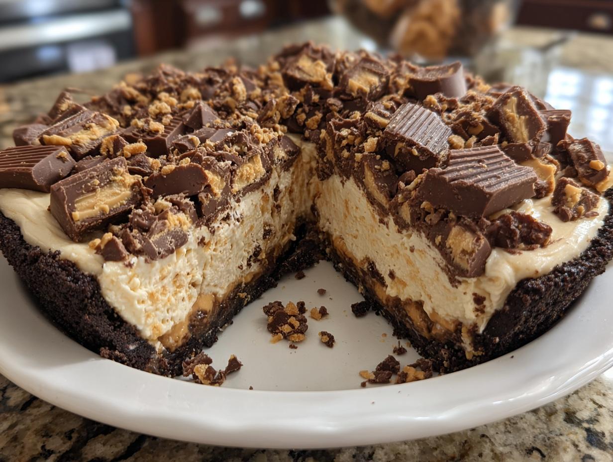 A cross-section view of a rich, no-bake butterfinger pie showing the creamy filling and chocolate crust, topped with chopped candy.