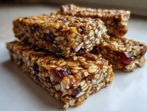 A close-up stack of four chewy no bake granola bars made with oats and dried fruit.