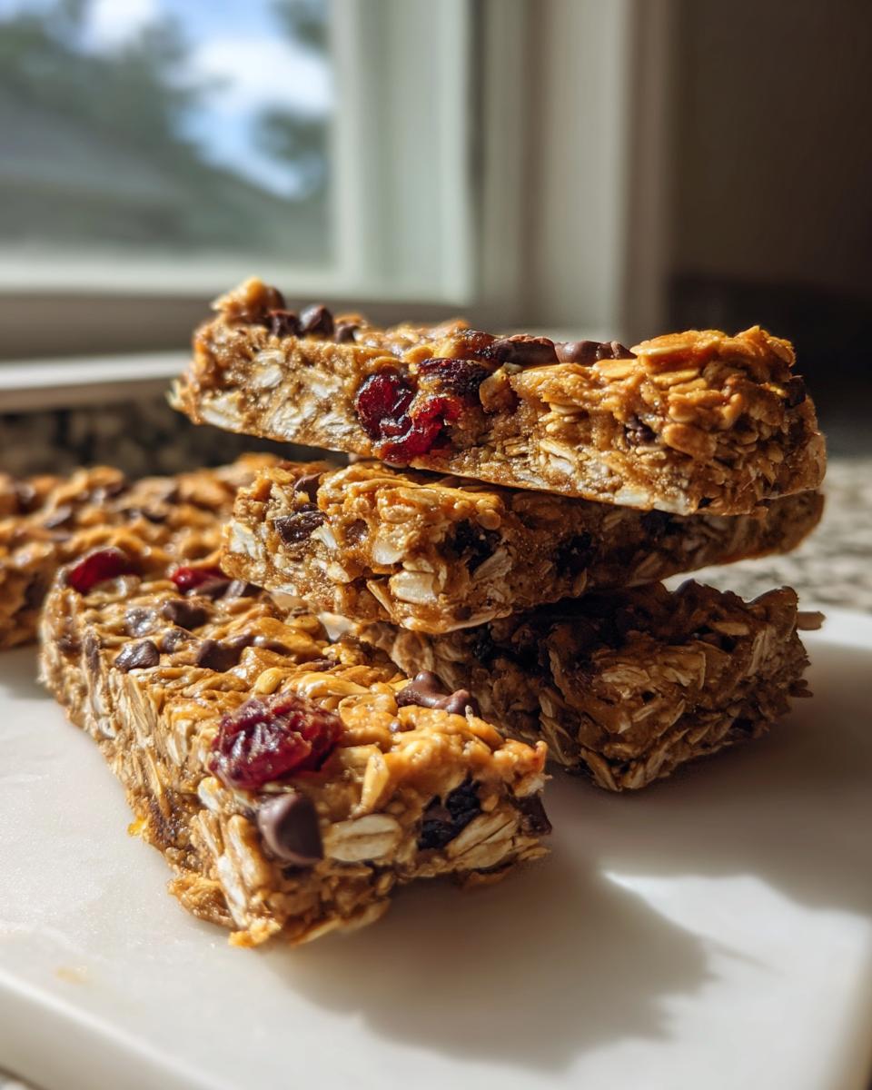 A stack of four chewy no bake granola bars packed with oats, dried cranberries, and chocolate chips, beautifully lit by sunlight.