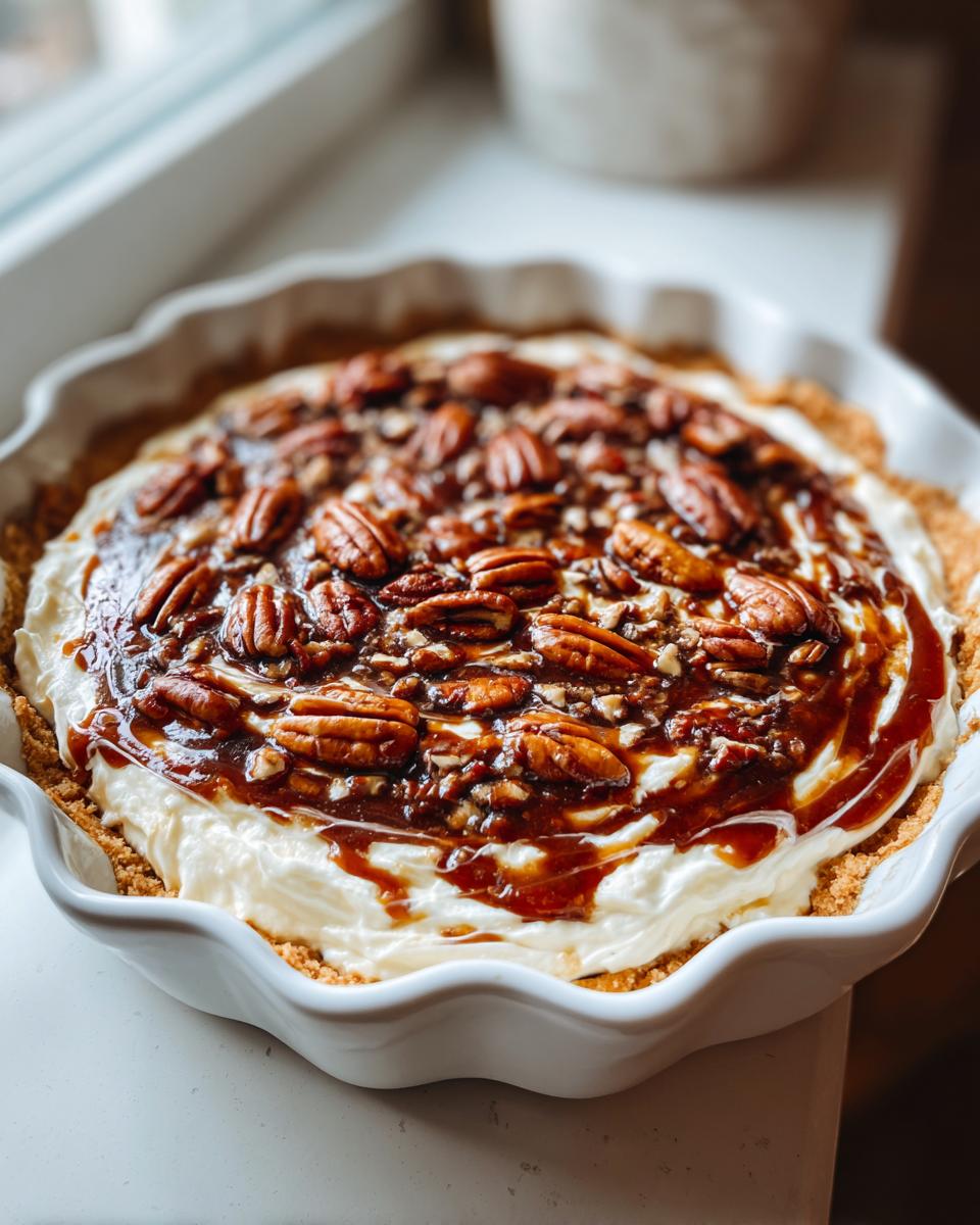 A creamy, no-bake pecan pie dip topped with whole pecans and caramel sauce in a white fluted dish.