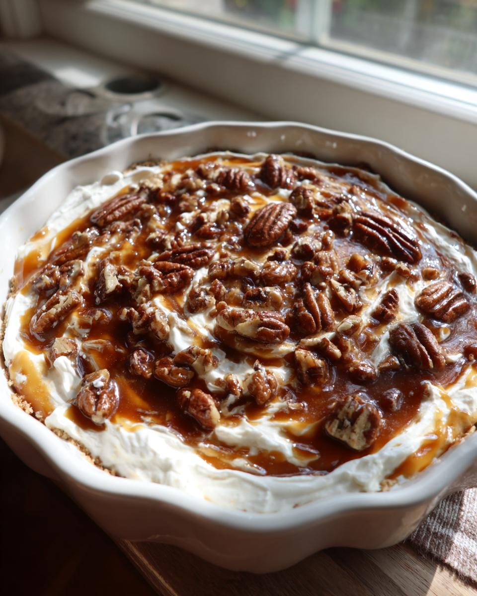 A close-up of the no-bake pecan pie dip topped with caramel sauce and whole pecans in a white baking dish.