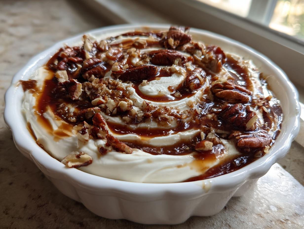 A creamy, white no-bake pecan pie dip topped with caramel swirl and toasted pecans in a ruffled white bowl.