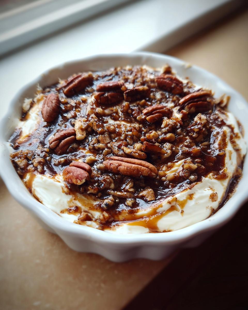 Close-up of a creamy no-bake pecan pie dip topped with caramel sauce and whole and chopped pecans.