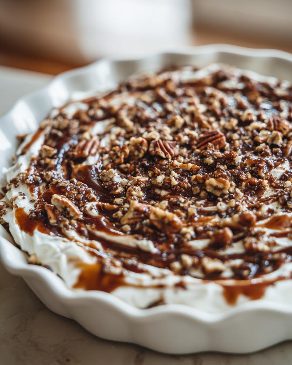 Close-up of a creamy no-bake pecan pie dip topped generously with caramel sauce and chopped pecans.