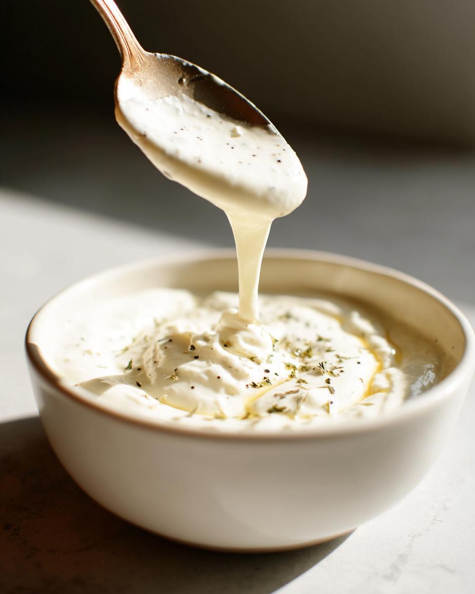 A spoonful of thick, creamy olive garden alfredo sauce is drizzled back into a white bowl topped with herbs.
