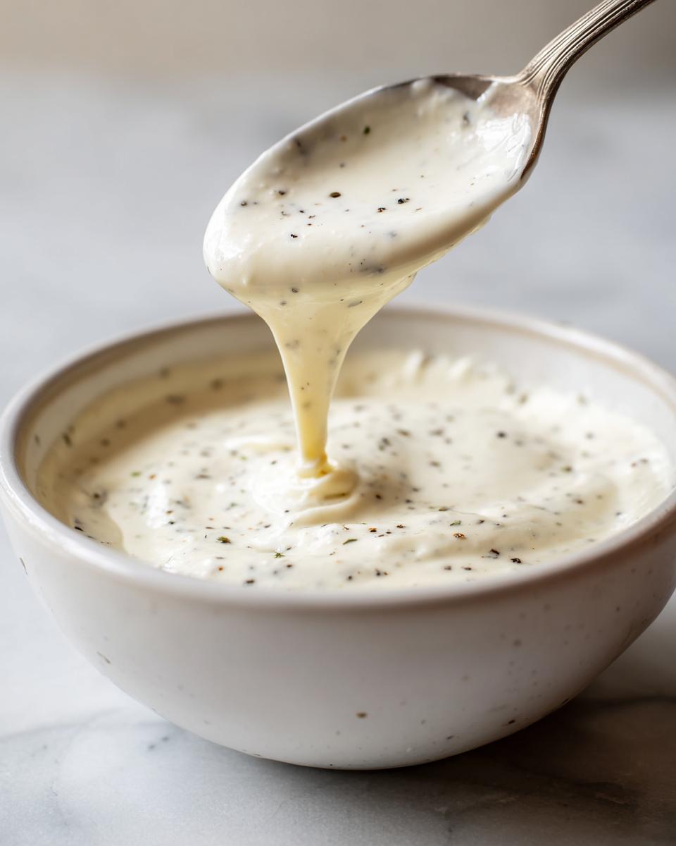 A spoonful of thick, creamy olive garden alfredo sauce with visible herbs and pepper dripping back into a white bowl.