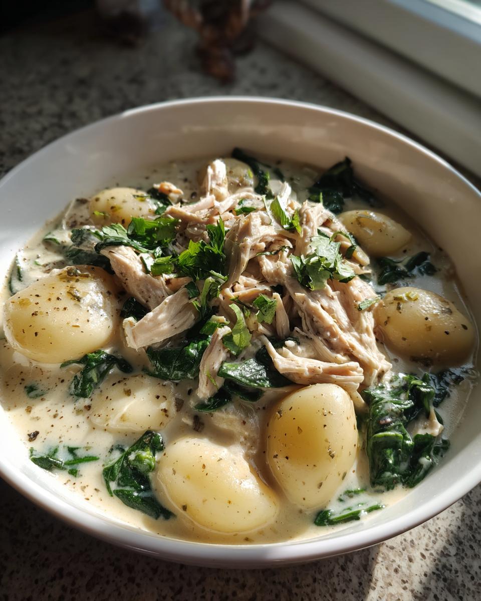 A close-up shot of a creamy bowl of homemade olive garden chicken gnocchi soup topped with shredded chicken, spinach, and fresh parsley.