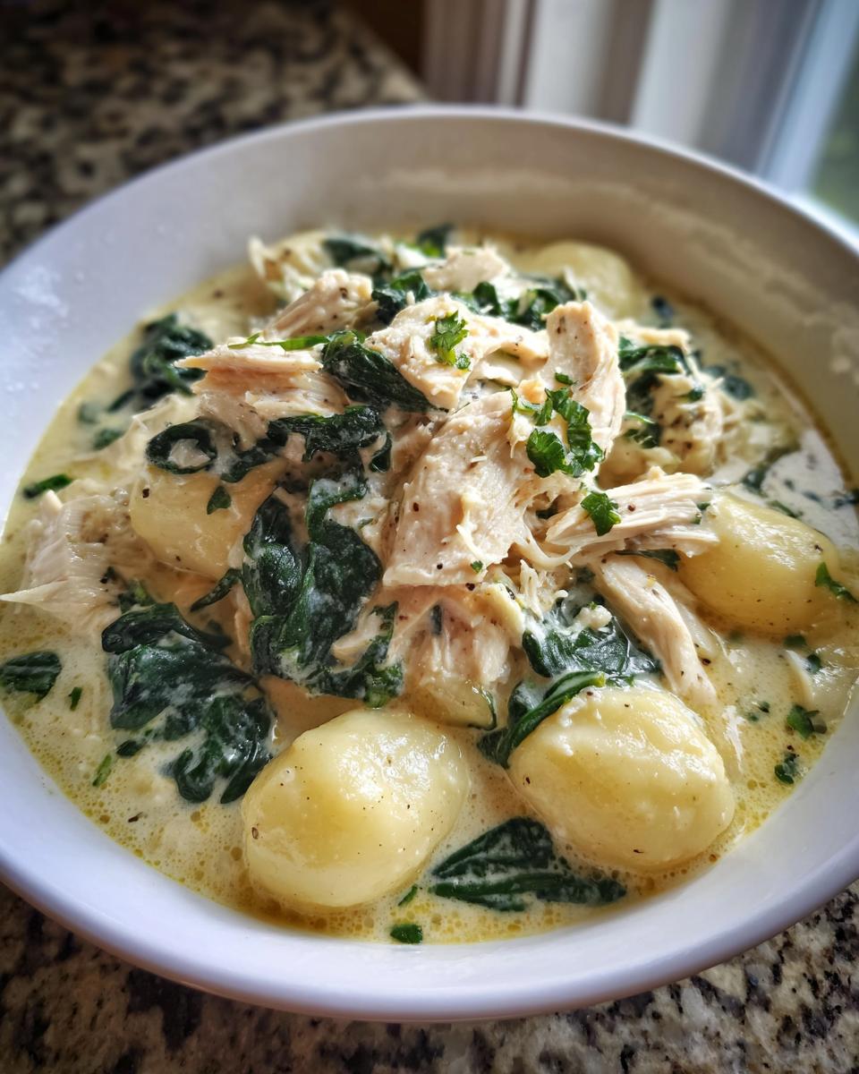 A close-up of a bowl of homemade olive garden chicken gnocchi soup featuring shredded chicken, spinach, and potato gnocchi in a creamy broth.