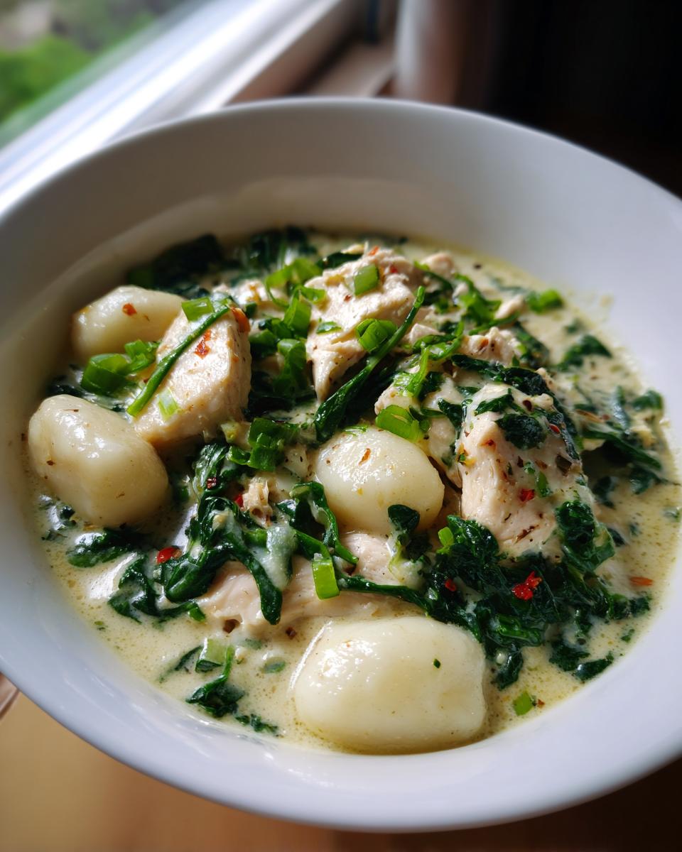 Close-up of a bowl of creamy olive garden chicken gnocchi soup with tender chicken, spinach, and potato gnocchi.