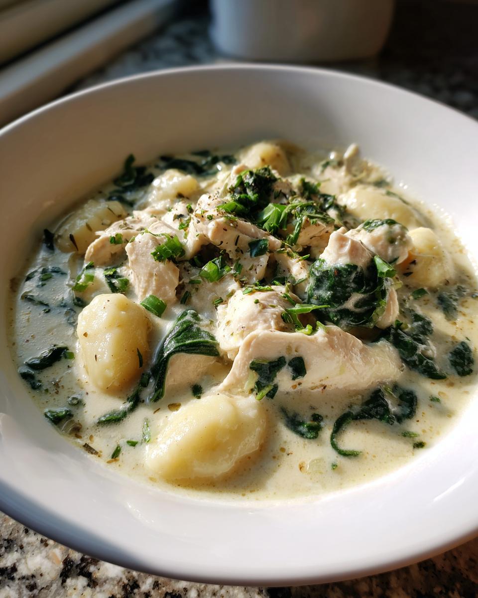 A close-up of a bowl of creamy olive garden chicken gnocchi soup, featuring tender chicken, potato gnocchi, and spinach.